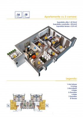 Apartament 3 camere de vanzare zona Floreasca, Bucuresti 83.6 mp